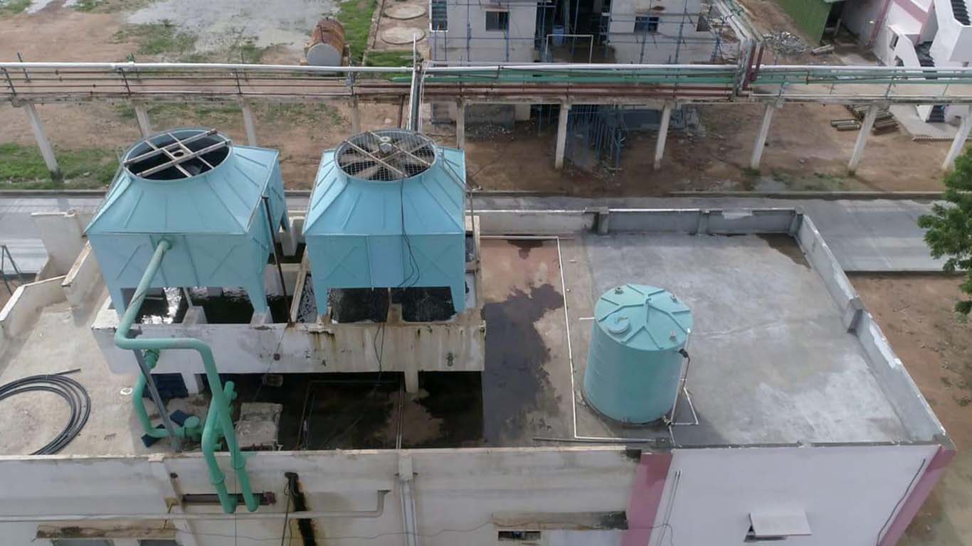 Event space with projector screen and floor balloons